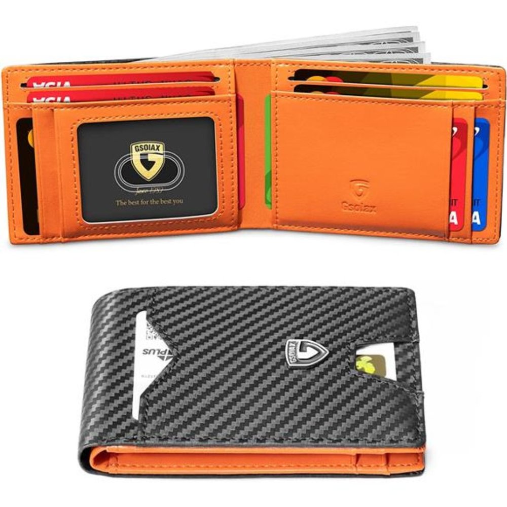 Mens Slim Wallet Minimalist Genuine Leather Carbon Fiber Rfid Blocking Orange